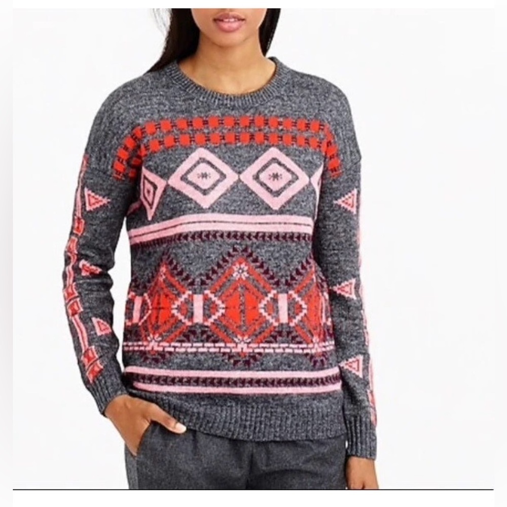 J. Crew Nordic Fair Isle Wool Mohair Blend Gray and Red Sweater Size S